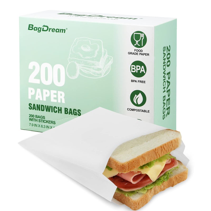 BagDream Paper Sandwich Bags 79x63x196 Inches 200ct Sealable with Thank You Stickers White Glassine Paper Sack Bags for Sandwich Food StorageTreat Cookies Burger